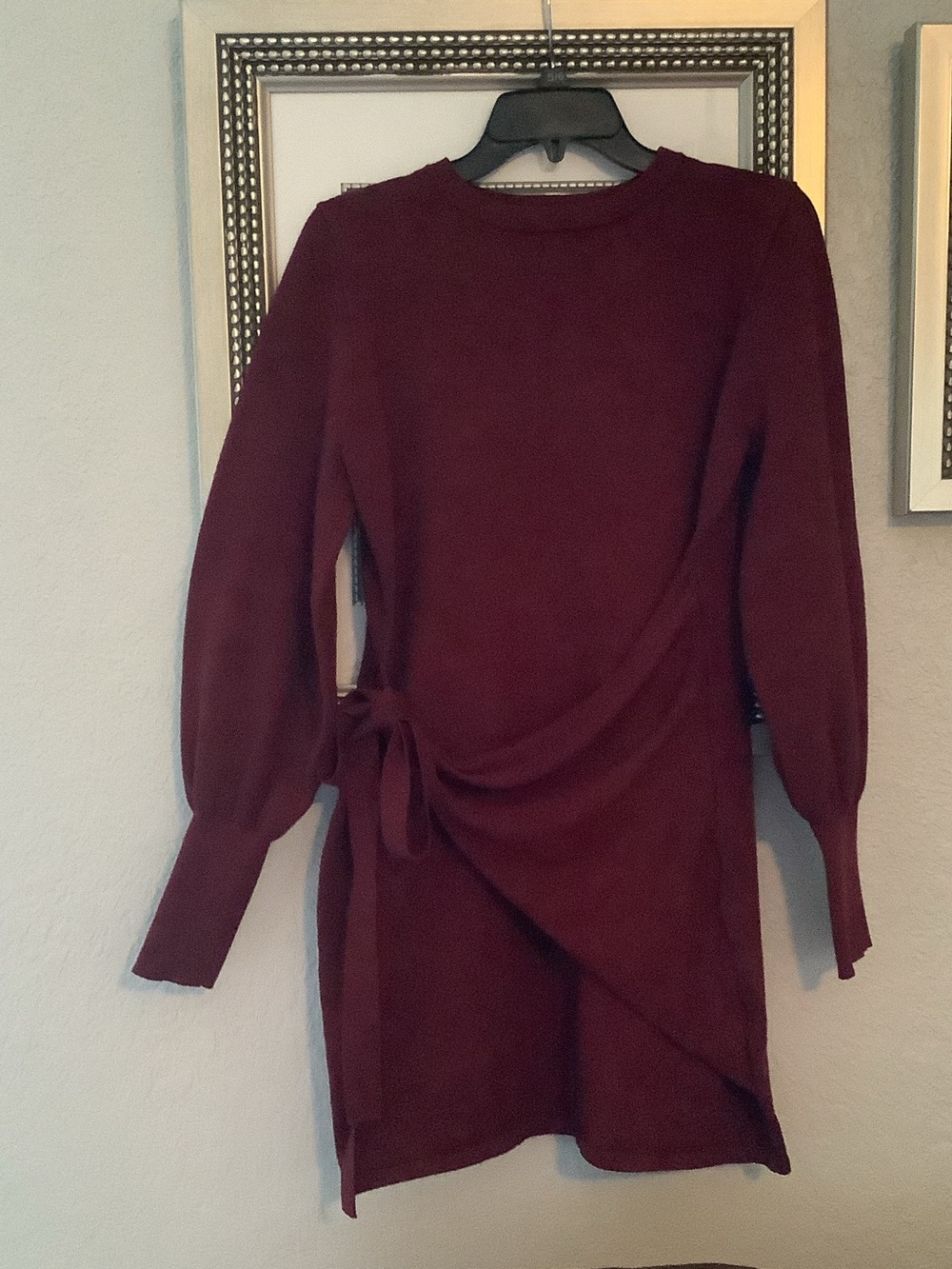 Women’s Long Sleeve Tie-Waist Knit Dress in Burgundy